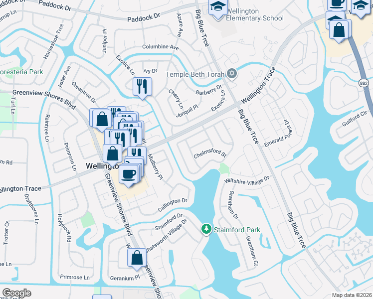 map of restaurants, bars, coffee shops, grocery stores, and more near 13544 Northumberland Circle in Wellington