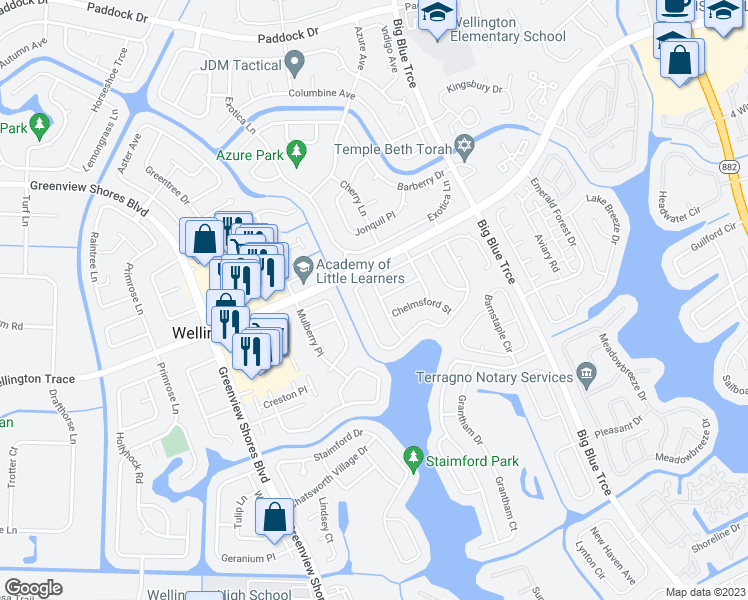 map of restaurants, bars, coffee shops, grocery stores, and more near 1281 Torrington Avenue in Wellington