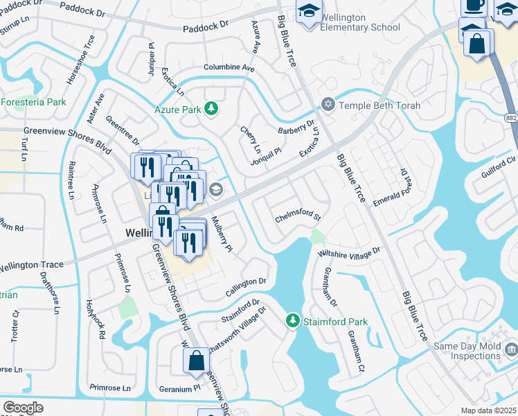 map of restaurants, bars, coffee shops, grocery stores, and more near 13544 Northumberland Circle in Wellington