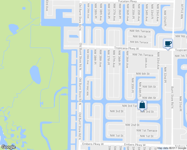 map of restaurants, bars, coffee shops, grocery stores, and more near 445 Northwest 38th Place in Cape Coral