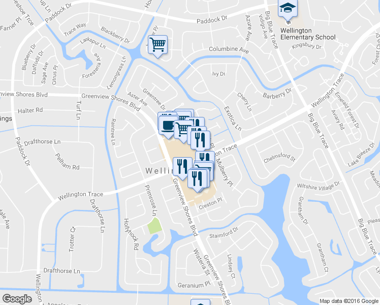 map of restaurants, bars, coffee shops, grocery stores, and more near 13895 Wellington Trace in Wellington