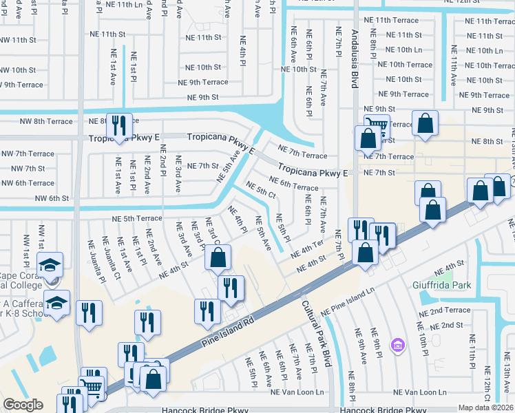 map of restaurants, bars, coffee shops, grocery stores, and more near 463 Northeast 5th Avenue in Cape Coral
