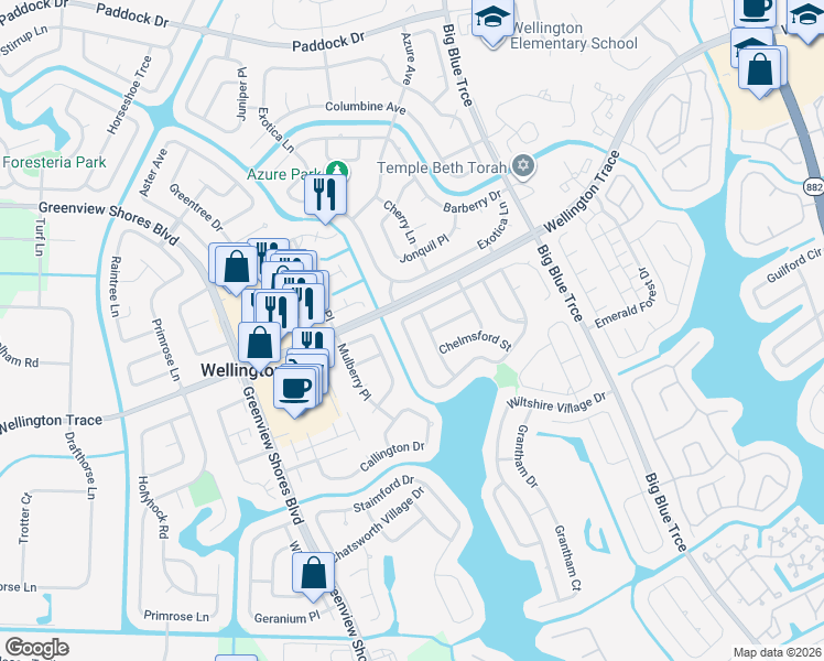 map of restaurants, bars, coffee shops, grocery stores, and more near 13557 Northumberland Circle in Wellington