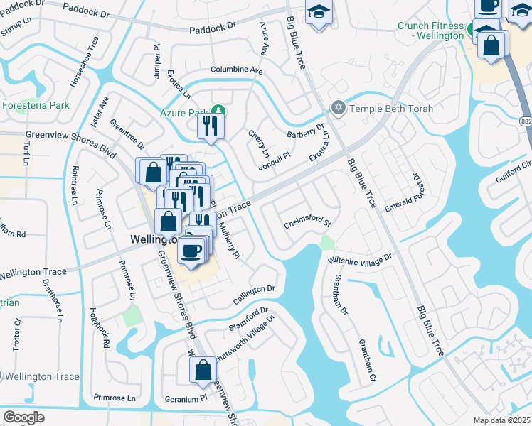 map of restaurants, bars, coffee shops, grocery stores, and more near 13557 Northumberland Circle in Wellington