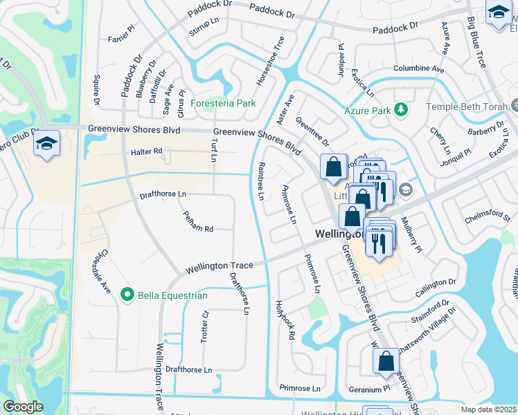 map of restaurants, bars, coffee shops, grocery stores, and more near 1272 Raintree Lane in Wellington