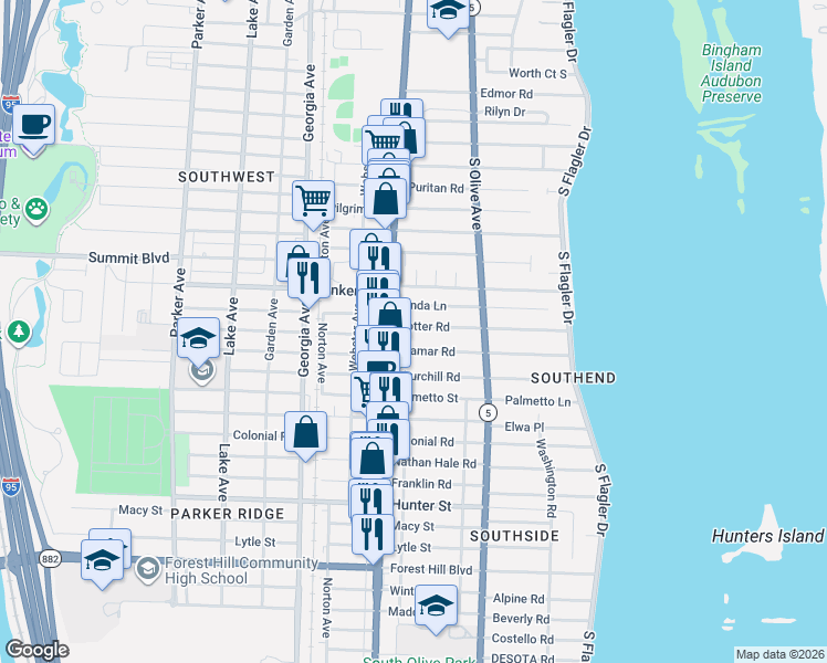map of restaurants, bars, coffee shops, grocery stores, and more near 368 Potter Road in West Palm Beach