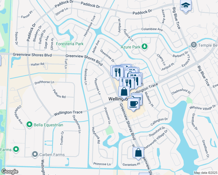 map of restaurants, bars, coffee shops, grocery stores, and more near 14116 Lily Court in Wellington