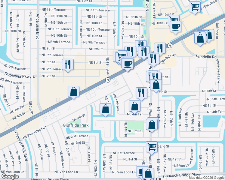 map of restaurants, bars, coffee shops, grocery stores, and more near 10 Pine Island Road in Cape Coral