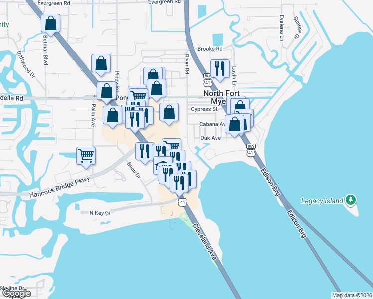 map of restaurants, bars, coffee shops, grocery stores, and more near 1127 River Road in North Fort Myers