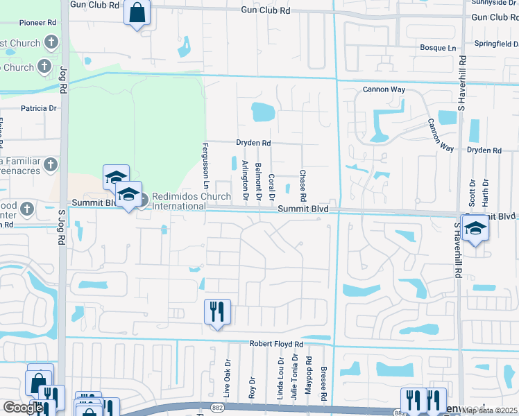 map of restaurants, bars, coffee shops, grocery stores, and more near Summit Blvd & Victoria Woods Cir in West Palm Beach