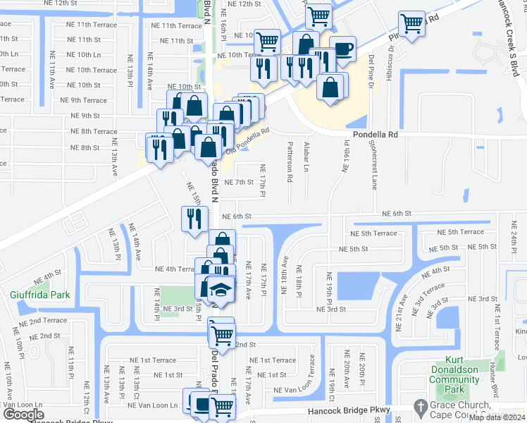 map of restaurants, bars, coffee shops, grocery stores, and more near 1711 Northeast 6th Street in Cape Coral