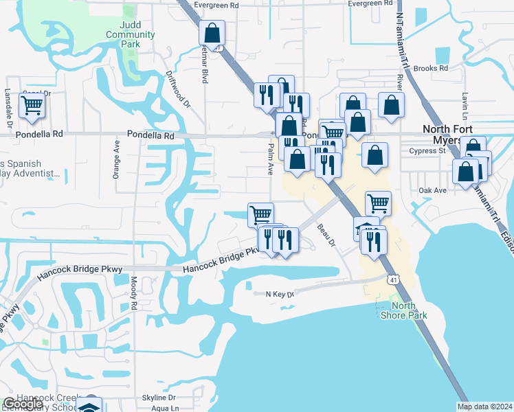 map of restaurants, bars, coffee shops, grocery stores, and more near 308 Cleaves Road in North Fort Myers