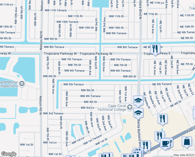 map of restaurants, bars, coffee shops, grocery stores, and more near 610 Northwest 3rd Avenue in Cape Coral