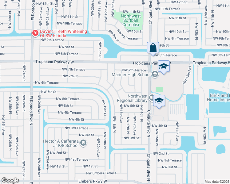 map of restaurants, bars, coffee shops, grocery stores, and more near 544 Northwest 18th Avenue in Cape Coral