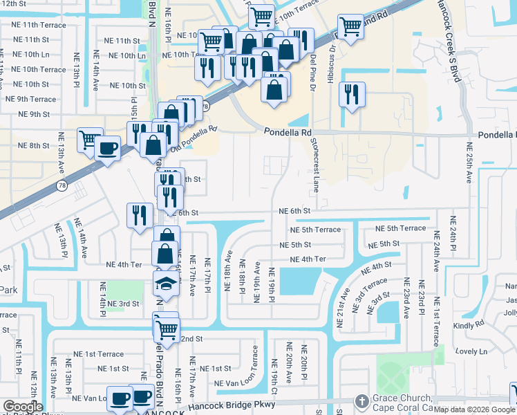 map of restaurants, bars, coffee shops, grocery stores, and more near 1905 Northeast 6th Street in Cape Coral