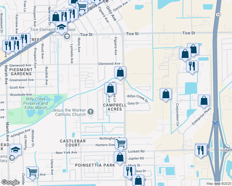 map of restaurants, bars, coffee shops, grocery stores, and more near 807 Dellena Lane in Fort Myers