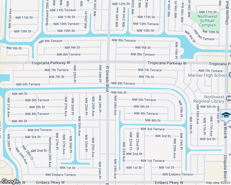map of restaurants, bars, coffee shops, grocery stores, and more near 2398 Northwest 6th Street in Cape Coral