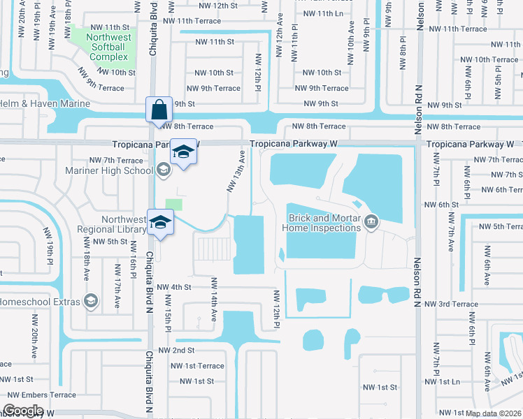 map of restaurants, bars, coffee shops, grocery stores, and more near Northwest 13th Avenue in Cape Coral