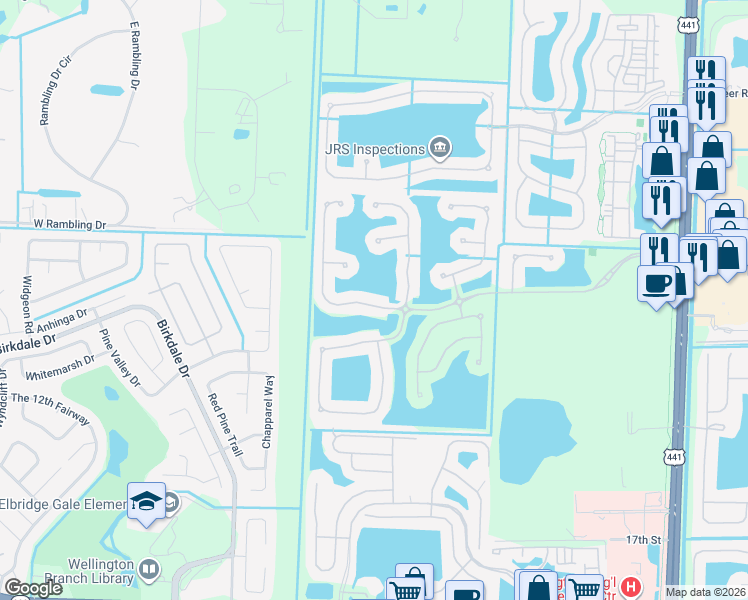 map of restaurants, bars, coffee shops, grocery stores, and more near 10609 OldHammock Way in Wellington