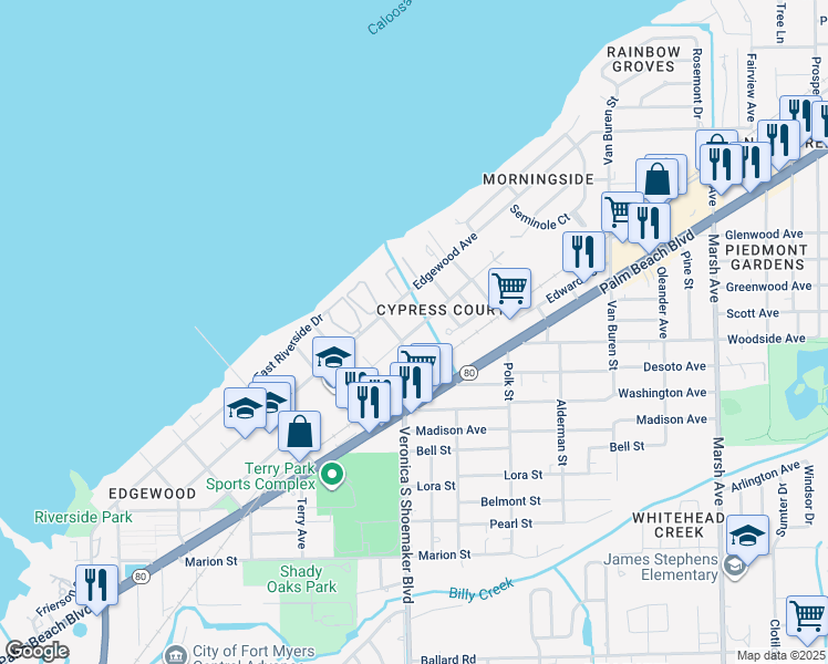 map of restaurants, bars, coffee shops, grocery stores, and more near 3639 Seminole Avenue in Fort Myers
