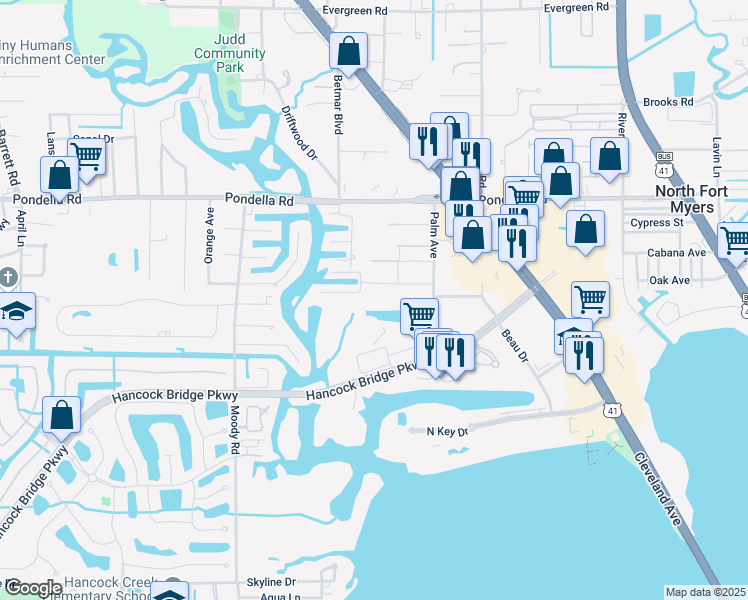map of restaurants, bars, coffee shops, grocery stores, and more near 8121 Cleaves Road in North Fort Myers