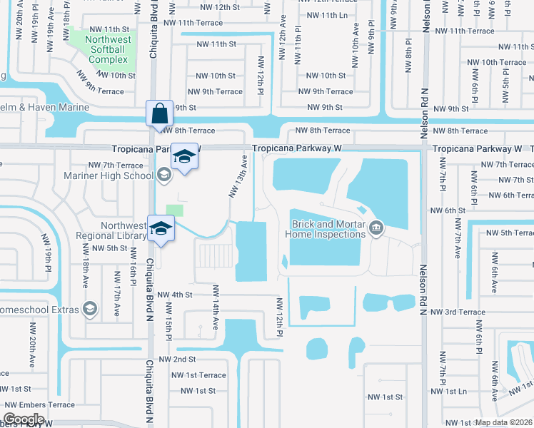 map of restaurants, bars, coffee shops, grocery stores, and more near Northwest 13th Avenue in Cape Coral