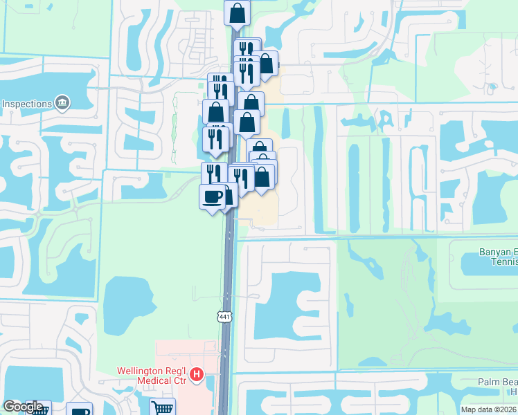 map of restaurants, bars, coffee shops, grocery stores, and more near 1020 South State Road 7 in Wellington