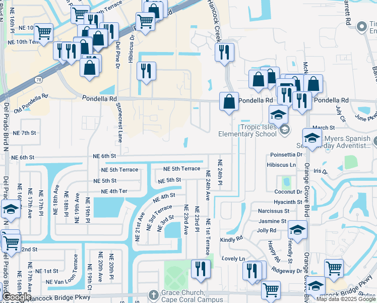 map of restaurants, bars, coffee shops, grocery stores, and more near 2303 Northeast 6th Street in Cape Coral