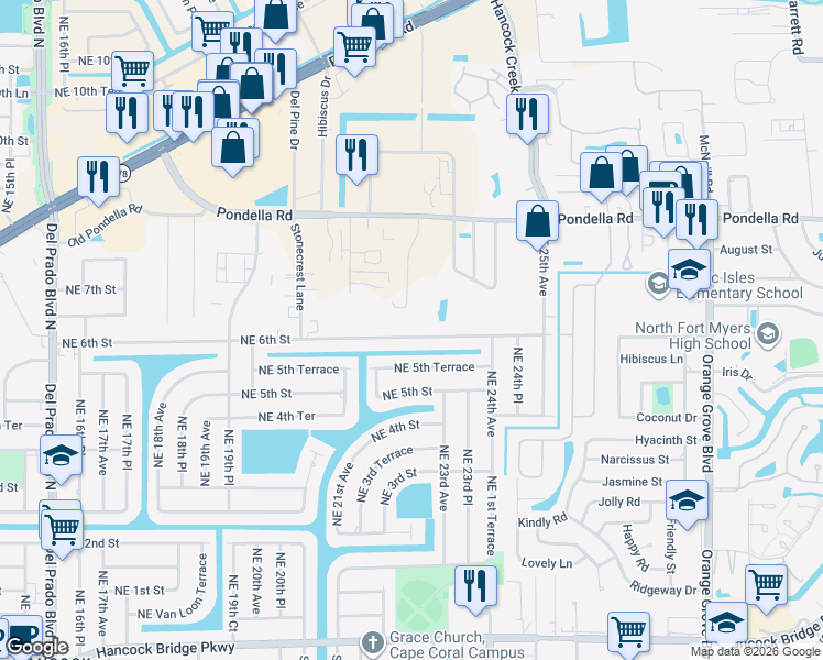 map of restaurants, bars, coffee shops, grocery stores, and more near 2215 Northeast 6th Street in Cape Coral