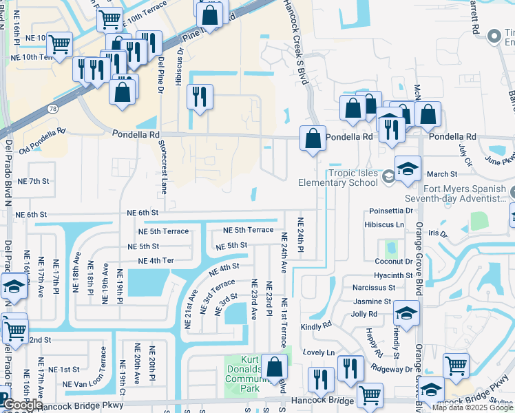 map of restaurants, bars, coffee shops, grocery stores, and more near 2303 Northeast 6th Street in Cape Coral