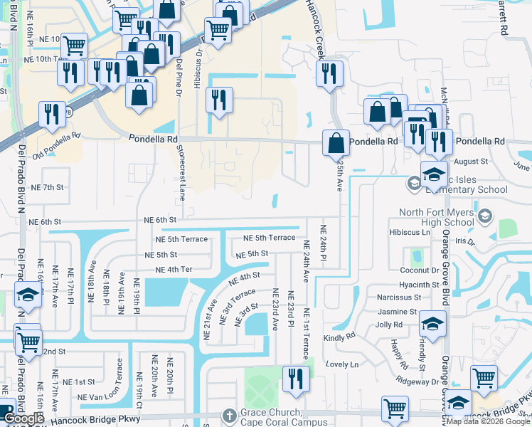 map of restaurants, bars, coffee shops, grocery stores, and more near 2215 Northeast 6th Street in Cape Coral