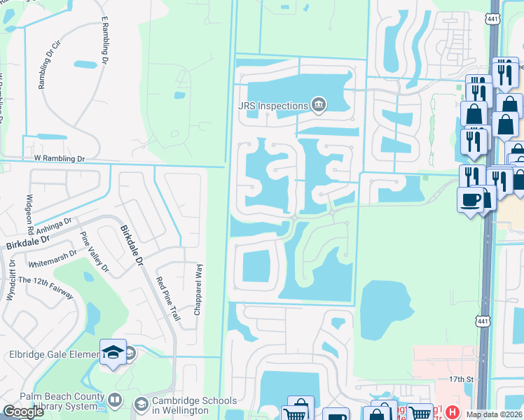 map of restaurants, bars, coffee shops, grocery stores, and more near 10619 Old Hammock Way in Wellington