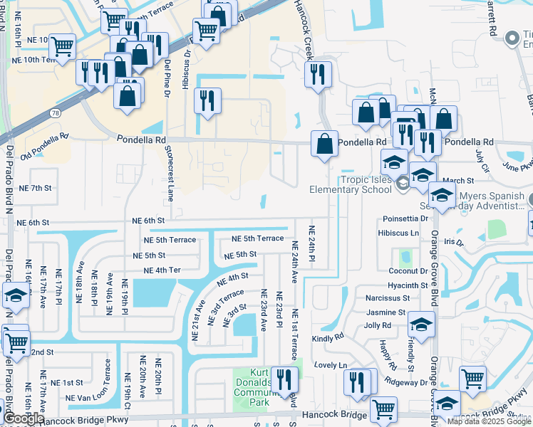 map of restaurants, bars, coffee shops, grocery stores, and more near 2303 Northeast 6th Street in Cape Coral