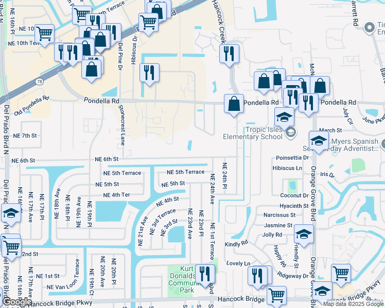 map of restaurants, bars, coffee shops, grocery stores, and more near 2303 Northeast 6th Street in Cape Coral