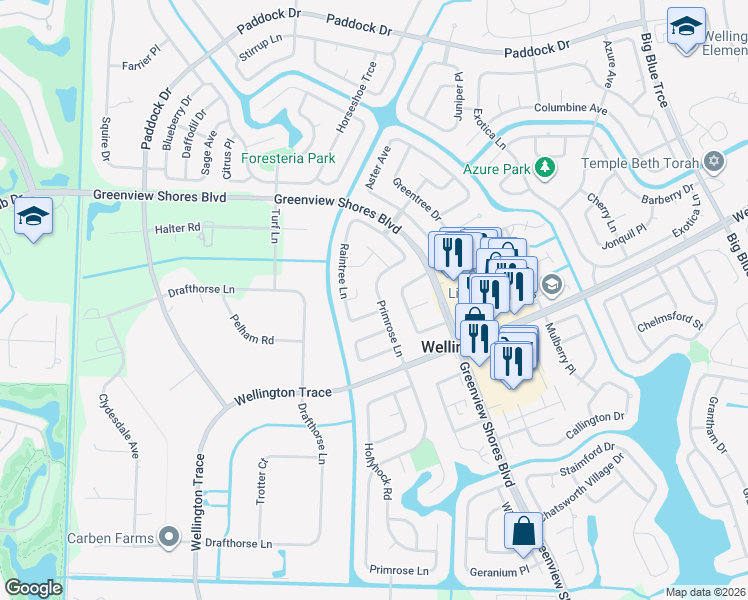 map of restaurants, bars, coffee shops, grocery stores, and more near 1255 Primrose Lane in Wellington
