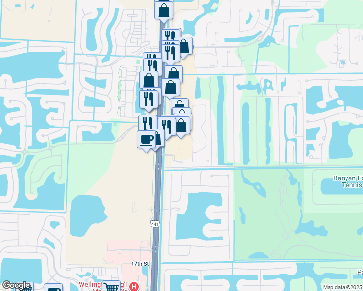 map of restaurants, bars, coffee shops, grocery stores, and more near 1020 State Road 7 in Wellington