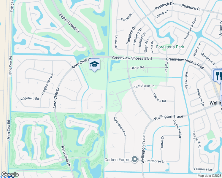 map of restaurants, bars, coffee shops, grocery stores, and more near 14983 Drafthorse Lane in Wellington