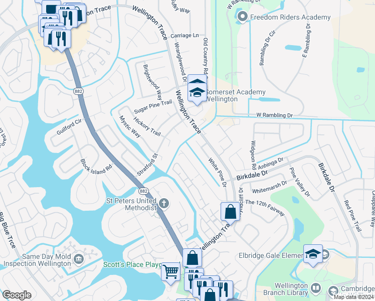 map of restaurants, bars, coffee shops, grocery stores, and more near 1155 White Pine Drive in Wellington
