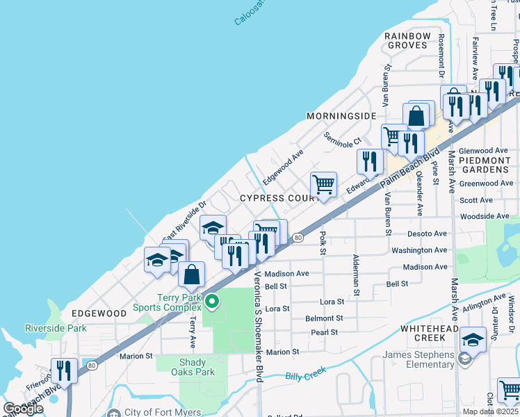 map of restaurants, bars, coffee shops, grocery stores, and more near 3639 Seminole Avenue in Fort Myers