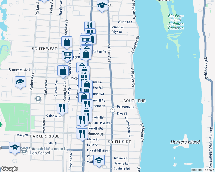 map of restaurants, bars, coffee shops, grocery stores, and more near 300 Linda Lane in West Palm Beach