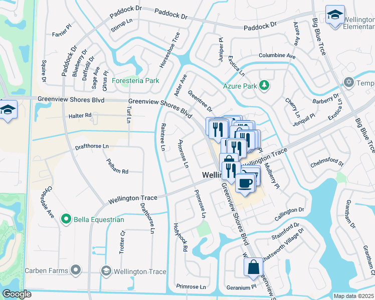 map of restaurants, bars, coffee shops, grocery stores, and more near 1231 Periwinkle Place in Wellington
