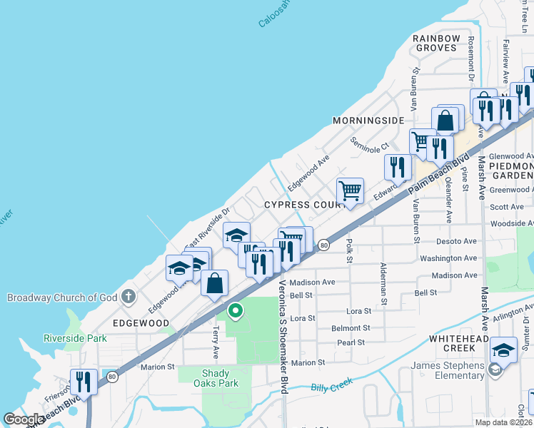 map of restaurants, bars, coffee shops, grocery stores, and more near 3590 Edgewood Avenue in Fort Myers