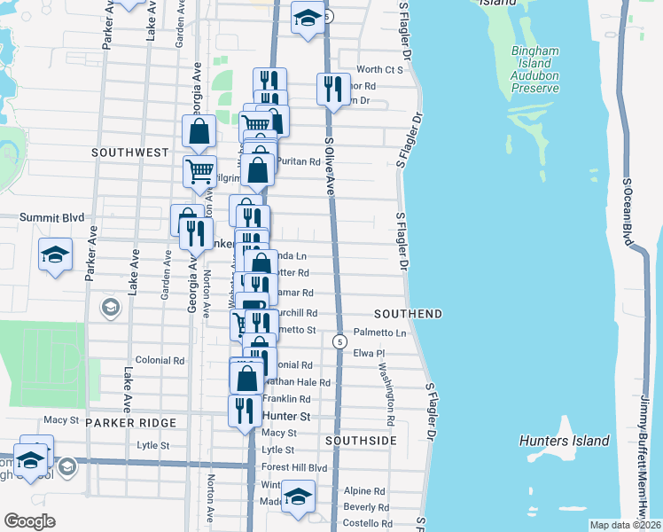 map of restaurants, bars, coffee shops, grocery stores, and more near 5603 South Olive Avenue in West Palm Beach