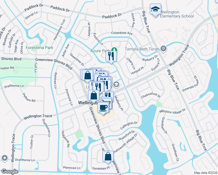 map of restaurants, bars, coffee shops, grocery stores, and more near 13787 Sunflower Court in Wellington