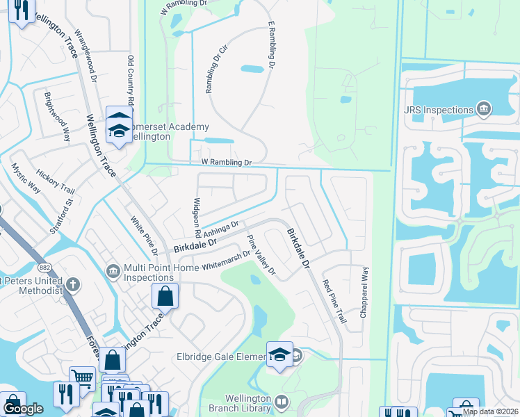 map of restaurants, bars, coffee shops, grocery stores, and more near 11528 Sanderling Drive in Wellington