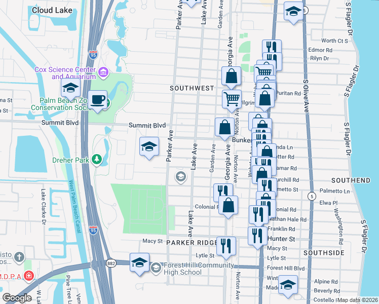 map of restaurants, bars, coffee shops, grocery stores, and more near 818 Fernwood Drive in West Palm Beach