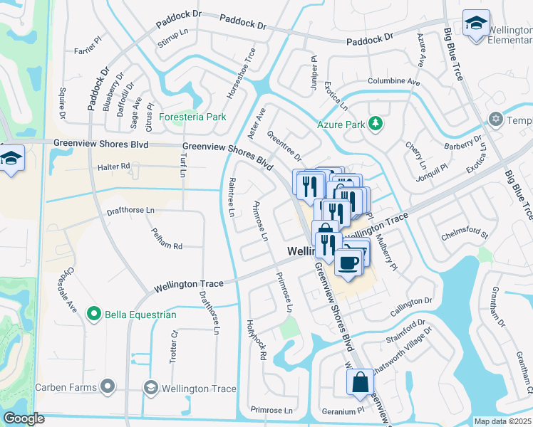 map of restaurants, bars, coffee shops, grocery stores, and more near 1231 Periwinkle Place in Wellington