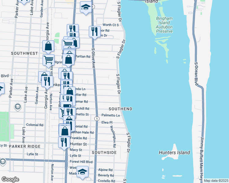 map of restaurants, bars, coffee shops, grocery stores, and more near 118 Linda Lane in West Palm Beach