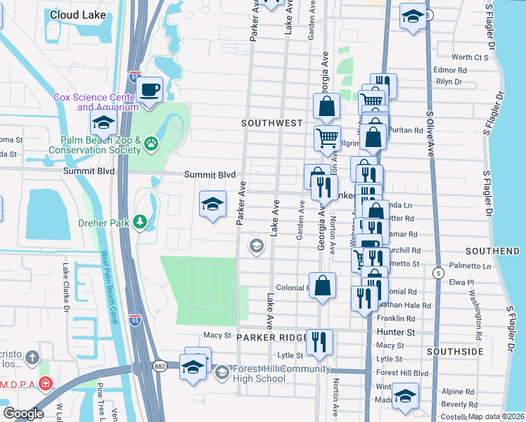 map of restaurants, bars, coffee shops, grocery stores, and more near 818 Fernwood Drive in West Palm Beach