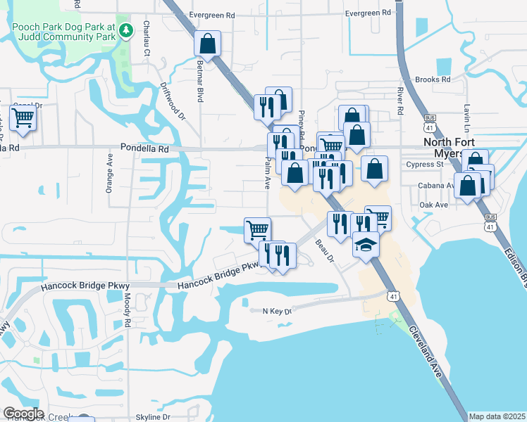 map of restaurants, bars, coffee shops, grocery stores, and more near 1124 Palm Avenue in North Fort Myers